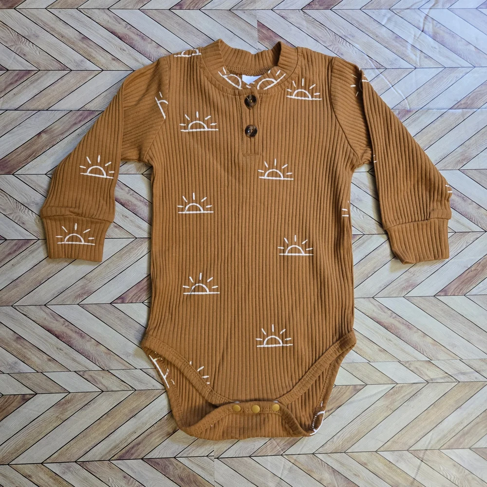 Baby Boy Girl Sun Print Ribbed Long Sleeve Onesie Pants Beanie Lounge Set 12-18M